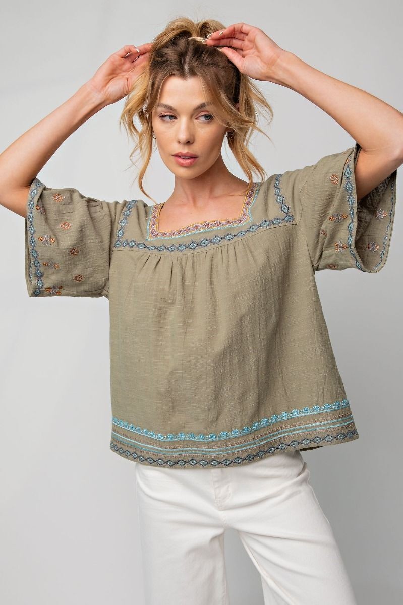 Easel Clothing Embroidered Square Neckline Sage Top Women's