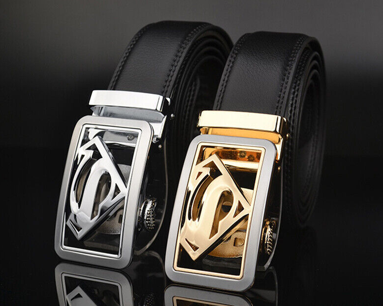 Luxury Men's Superman Automatic Buckle Belt Black Leather Ratchet Strap Jeans