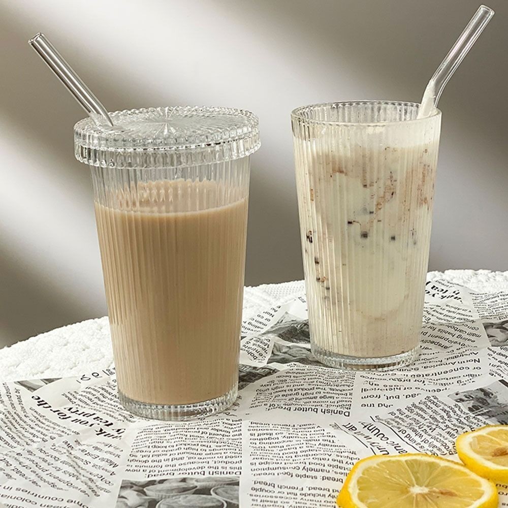 Transparent With Lid And Straw Mug Tea Cup Stripe Glass Cup Milk Coffee Mug