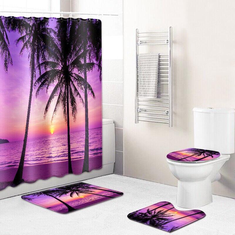 3D Beach Printed Waterproof Shower Curtain with Rug Toilet Cover Bath Mat Set/.-
