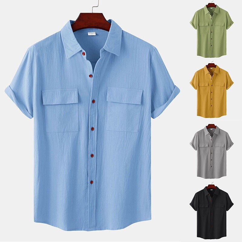 Men's Casual Button Down Shirts Short Sleeve Beach Linen Cotton Summer Shirt ❀